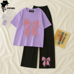 Women Summer Casual Two Piece Sets Printed T-Shirt And Straight Pants Outfits