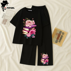 Women Summer Casual Two Piece Sets Printed T-Shirt And Straight Pants Outfits