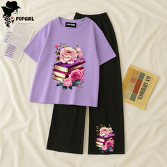 Women Summer Casual Two Piece Sets Printed T-Shirt And Straight Pants Outfits