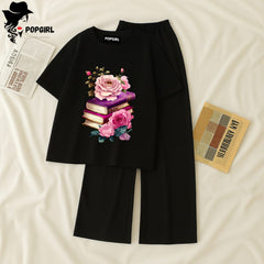 Women Summer Casual Two Piece Sets Printed T-Shirt And Straight Pants Outfits