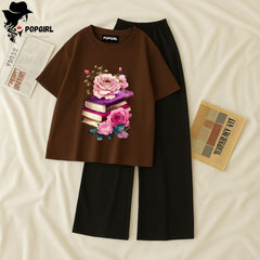 Women Summer Casual Two Piece Sets Printed T-Shirt And Straight Pants Outfits