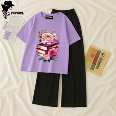 Women Summer Casual Two Piece Sets Printed T-Shirt And Straight Pants Outfits