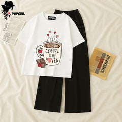 Women Summer Casual Two Piece Sets Printed T-Shirt And Straight Pants Outfits