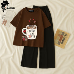 Women Summer Casual Two Piece Sets Printed T-Shirt And Straight Pants Outfits