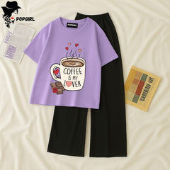 Women Summer Casual Two Piece Sets Printed T-Shirt And Straight Pants Outfits