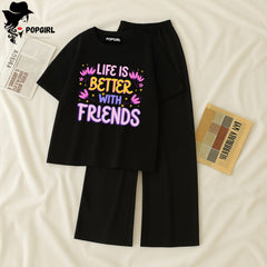 Women Summer Casual Two Piece Sets Printed T-Shirt And Straight Pants Outfits
