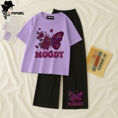 Women Summer Casual Two Piece Sets Printed T-Shirt And Straight Pants Outfits