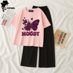 Women Summer Casual Two Piece Sets Printed T-Shirt And Straight Pants Outfits