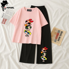 Women Summer Casual Two Piece Sets Printed T-Shirt And Straight Pants Outfits