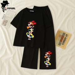 Women Summer Casual Two Piece Sets Printed T-Shirt And Straight Pants Outfits