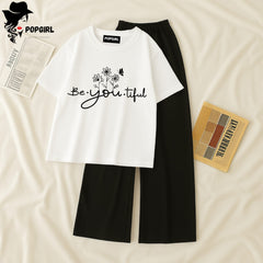 Women Summer Casual Two Piece Sets Printed T-Shirt And Straight Pants Outfits