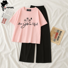 Women Summer Casual Two Piece Sets Printed T-Shirt And Straight Pants Outfits