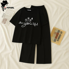Women Summer Casual Two Piece Sets Printed T-Shirt And Straight Pants Outfits