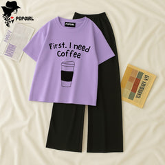 Women Summer Casual Two Piece Sets Printed T-Shirt And Straight Pants Outfits