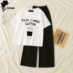 Women Summer Casual Two Piece Sets Printed T-Shirt And Straight Pants Outfits