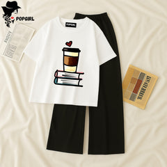 Women Summer Casual Two Piece Sets Printed T-Shirt And Straight Pants Outfits