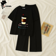 Women Summer Casual Two Piece Sets Printed T-Shirt And Straight Pants Outfits
