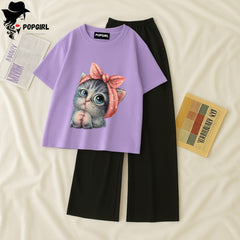 Women Summer Casual Two Piece Sets Printed T-Shirt And Straight Pants Outfits