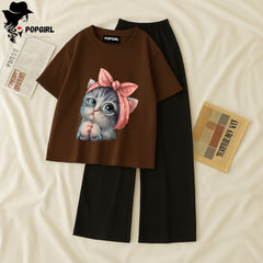 Women Summer Casual Two Piece Sets Printed T-Shirt And Straight Pants Outfits