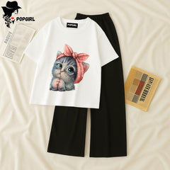 Women Summer Casual Two Piece Sets Printed T-Shirt And Straight Pants Outfits