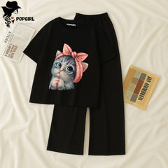 Women Summer Casual Two Piece Sets Printed T-Shirt And Straight Pants Outfits