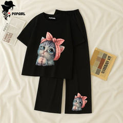 Women Summer Casual Two Piece Sets Printed T-Shirt And Straight Pants Outfits