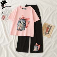 Women Summer Casual Two Piece Sets Printed T-Shirt And Straight Pants Outfits