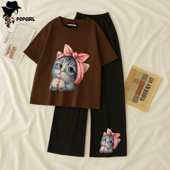 Women Summer Casual Two Piece Sets Printed T-Shirt And Straight Pants Outfits