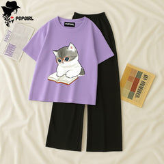 Women Summer Casual Two Piece Sets Printed T-Shirt And Straight Pants Outfits