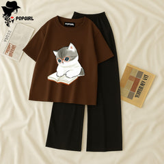 Women Summer Casual Two Piece Sets Printed T-Shirt And Straight Pants Outfits