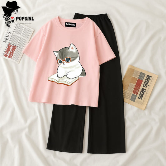 Women Summer Casual Two Piece Sets Printed T-Shirt And Straight Pants Outfits