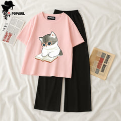 Women Summer Casual Two Piece Sets Printed T-Shirt And Straight Pants Outfits