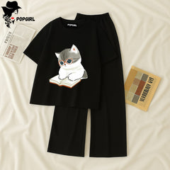 Women Summer Casual Two Piece Sets Printed T-Shirt And Straight Pants Outfits