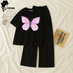 Women Summer Casual Two Piece Sets Printed T-Shirt And Straight Pants Outfits