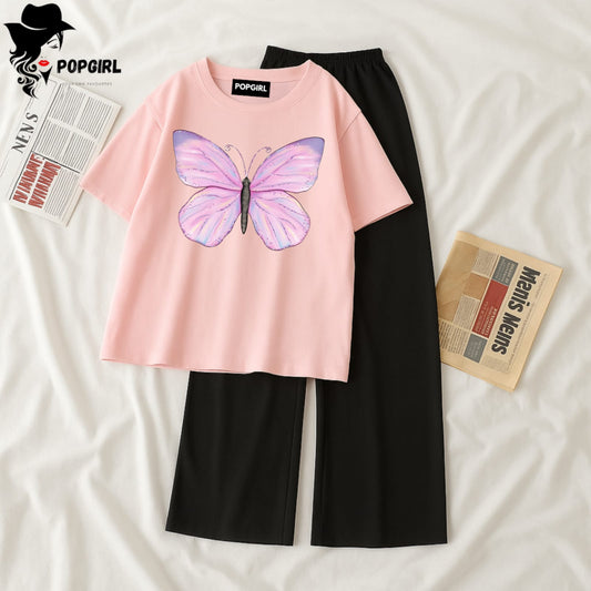 Women Summer Casual Two Piece Sets Printed T-Shirt And Straight Pants Outfits