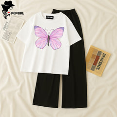 Women Summer Casual Two Piece Sets Printed T-Shirt And Straight Pants Outfits