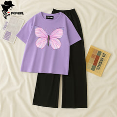 Women Summer Casual Two Piece Sets Printed T-Shirt And Straight Pants Outfits