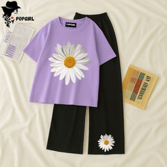 Women Summer Casual Two Piece Sets Printed T-Shirt And Straight Pants Outfits