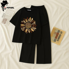 Women Summer Casual Two Piece Sets Printed T-Shirt And Straight Pants Outfits