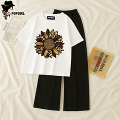 Women Summer Casual Two Piece Sets Printed T-Shirt And Straight Pants Outfits
