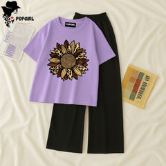 Women Summer Casual Two Piece Sets Printed T-Shirt And Straight Pants Outfits