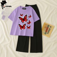 Women Summer Casual Two Piece Sets Printed T-Shirt And Straight Pants Outfits