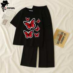 Women Summer Casual Two Piece Sets Printed T-Shirt And Straight Pants Outfits