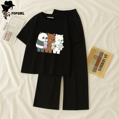 Women Summer Casual Two Piece Sets Printed T-Shirt And Straight Pants Outfits