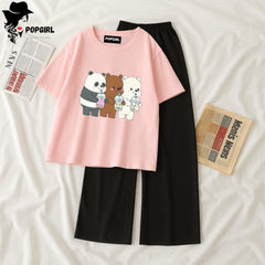 Women Summer Casual Two Piece Sets Printed T-Shirt And Straight Pants Outfits