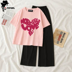 Women Summer Casual Two Piece Sets Printed T-Shirt And Straight Pants Outfits