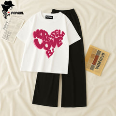 Women Summer Casual Two Piece Sets Printed T-Shirt And Straight Pants Outfits