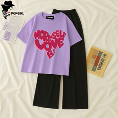 Women Summer Casual Two Piece Sets Printed T-Shirt And Straight Pants Outfits