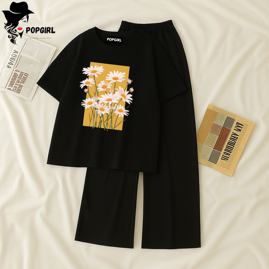 Women Summer Casual Two Piece Sets Printed T-Shirt And Straight Pants Outfits