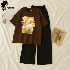 Women Summer Casual Two Piece Sets Printed T-Shirt And Straight Pants Outfits